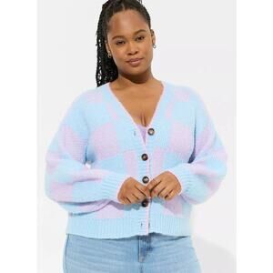 Torrid Cardigan Sweater Womens 3X Blue Pink Camille Check Summer‎ Song Preppy